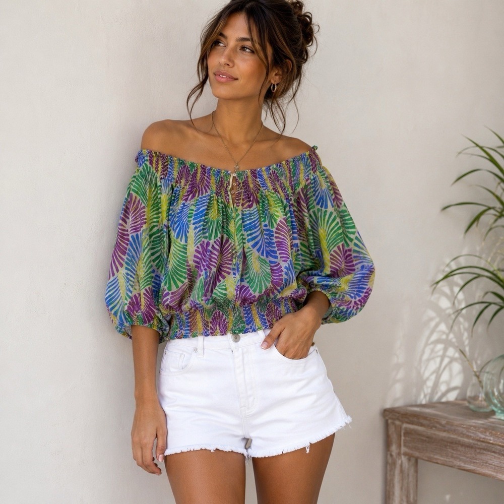 Zara 100% Silk Blouse Size M Multicolor Off Shoulder Puff Sleeve Resort Wear - Picture 1 of 9